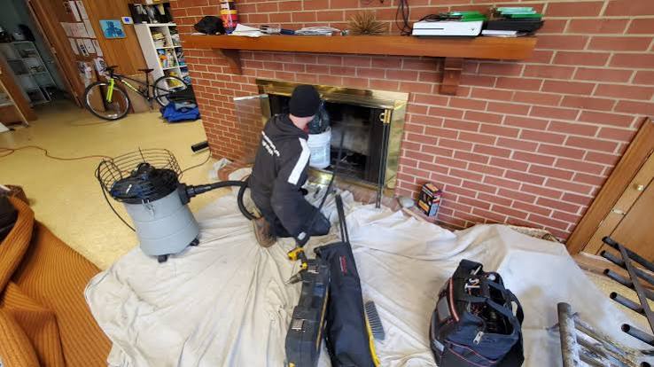 Living room covered with drop cloths while a technician works at a brick fireplace